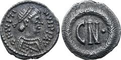 Byzantine No Reserve Justin II AR 1/3 Siliqua (250 Nummi). Rome, AD 567-578. D N IVSTINVS P P AV, diademed bust to right, wearing ornamental robe / Large CN• within wreath. BCI 161 (heavy ¼ siliqua); 