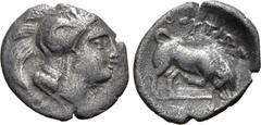 Greek Lucania, Thourioi AR Triobol. Circa 400-350 BC. Head of Athena to right, wearing crested Attic helmet decorated with Skylla / Bull butting to right; ΘOYPIΩN above. Cf. HN Italy 1806. 0.81g, 12mm