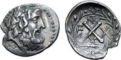 Greek Achaia, Achaian League AR Triobol or Hemidrachm. Elis, circa 88-30 BC. Thrakyleon, magistrate. Laureate head of Zeus to right; ΘPACYΛEΩN behind / Large AX monogram; FA-XE monogram across fields,