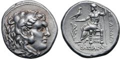 Greek Kingdom of Macedon, Demetrios I Poliorketes AR Tetradrachm. In the name and types and Alexander III. Corinth, circa 310-290 BC. Head of Herakles to right, wearing lion skin headdress / Zeus Aëto