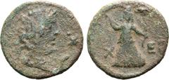 Greek Tauric Chersonesos, Chersonesos Æ Tetrachalkon. Pseudo-autonomous issue, time of Marcus Aurelius, AD 161-180. Wreathed head of goddess Chersonas to right, star and serpent before head / X-EΡ, wo