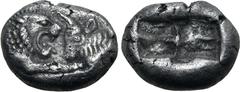 Greek Kingdom of Lydia, Kroisos AR 1/6 Stater. Sardes, circa 561-546 BC. Confronted foreparts of lion to right and bull to left / Two incuse square punches of unequal size. GRPC Lydia S6; Rosen 667; S