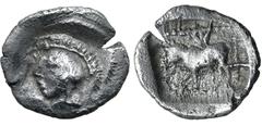 Greek Dynasts of Lykia, Kherei (?) AR Hemiobol. Circa 410-390 BC. Helmeted head of Athena to right / Bull standing to left; Lykian letter above; all within square incuse. Cf. Müseler VI.11 (forepart o