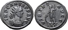 Roman Imperial Carus BI Antoninianus. Rome, AD 282-283. IMP CARVS P F AVG, radiate and cuirassed bust to right / VIRTVS AVGG, soldier standing to left, leaning on shield and holding spear; KAΓ in exer