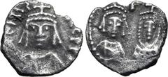 Byzantine Heraclius, with Heraclius Constantine and Martina, AR Half Siliqua. Carthage, AD 617-641. D N ЄRACLIO PP A V, crowned and cuirassed bust of Heraclius facing / Crowned and draped busts of Her