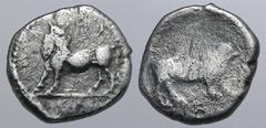 GREEK Lucania, Laos AR Triobol. 480-460 BC. Man-headed bull to left, head reverted; ΛAS (retrograde) above / Bull to right; [ΛAS] above. HN Italy 2276; HGC 1, 1541. 0.93g, 10mm, 11h. Very Fine. Very R