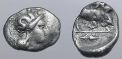 GREEK Lucania, Thourioi AR Triobol. Circa 300-280 BC. Head of Athena to right, wearing crested Attic helmet decorated with Skylla hurling rock / Bull butting to right; ΣΩ below, ear of barley in exerg