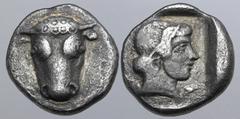 GREEK Phokis, Federal Coinage AR Triobol. Circa 445-420 BC. Frontal bull's head, the hair in ringlets with a pellet inside each ringlet / Diademed head of Artemis to right; [Φ-O]-K-[I], clockwise from