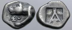 GREEK Argolis, Argos AR Triobol or Hemidrachm. Circa 450/440-420 BC. Forepart of wolf at bay to left; ΣO below / Large A within two part incuse square. BCD Peloponnesos 1032; HGC 5, 664. 2.67g, 14mm, 