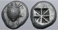 GREEK Islands off Attica, Aegina AR Stater. Circa 525-475 BC. Sea turtle, head in profile, with thin collar and row of dots down its back / Incuse square with 'Union Jack' device with eight segments. 
