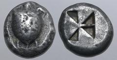 GREEK Islands off Attica, Aegina AR Stater. Circa 525-475 BC. Sea turtle, head in profile, with thin collar and row of dots down its back / Incuse square with mill-sail pattern. Meadows, Aegina, Group
