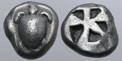 GREEK Islands off Attica, Aegina AR Hemidrachm. Circa 480-457 BC. Sea turtle, head in profile, with 'T-back' design on shell / Large square incuse with skew pattern. Milbank Period III; SNG Copenhagen
