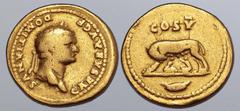 ROMAN IMPERIAL Domitian, as Caesar, AV Aureus. Rome, AD 77-78. CAESAR AVG F DOMITIANVS, laureate head to right / She-wolf to left, Romulus and Remus suckling; COS V above; boat in exergue. RIC II.1 96