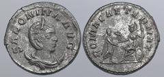 ROMAN IMPERIAL Salonina (wife of Gallienus) BI Antoninianus. Antioch, AD 255-256. SALONINA AVG, diademed and draped bust to right, set on crescent / ROMAE AETERNAE, emperor standing to right, receivin