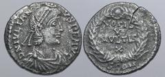 ROMAN IMPERIAL Julian II AR Siliqua. Arelate, AD 360-363. D N IVLIANVS P F AVG, pearl-diademed, draped and cuirassed bust to right / VOTIS V MVLTIS X in four lines within wreath; SCON in exergue. RIC 