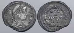 ROMAN IMPERIAL Valens AR Siliqua. Constantinople, AD 367-375. D N VALENS P F AVG, pearl-diademed, draped and cuirassed bust to right / VOT X MVLT XX in four lines within wreath with jewel at apex; (pa