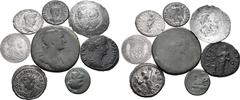 ROMAN IMPERIAL Lot of 8 Mixed, Mostly Roman, AR & Æ Coins. Lot includes: Thrace, Odessos Æ 17mm. Circa 270-250 BC. Diademed young head to right (Apollo?) / The Great God reclining to left on plinth in