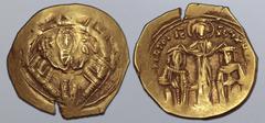 BYZANTINE Andronicus II Palaeologus, with Michael IX, AV Hyperpyron. Thessalonica, AD 1294-1320. Half-length figure of the Virgin Mary, orans, within city walls with six towers; MHP - ΘV across fields