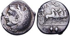 Sicily, Kamarina AR Tetradrachm. Circa 425-405 BC. Obverse die signed by Exakestidas. Athena driving galloping quadriga right, holding kentron in right hand, reins in both; Nike flying left above, hol