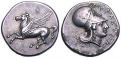Sicily, Syracuse AR Stater. Time of Timoleon. Circa 344-336 BC. Pegasos flying left / Head of Athena right, wearing Corinthian helm, SURAKOSIWN before. Pegasi 2; SNG ANS 496-507; BMC 5. 8.65g, 20mm, 2