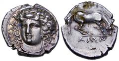 Thessaly, Larissa AR Drachm. Circa 360-350 BC. Head of nymph Larissa facing three-quarters left / Horse standing right, preparing to lie down; LARIS above, AIWN below. Lorber SNR 79, pl. III, 29-30; H