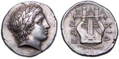 Macedon, Chalkidian League AR Tetradrachm. Olynthos, circa 355-352 BC. Ariston, magistrate. Laureate head of Apollo right / XALKIDEWN around kithara with six strings; EPI ARISTWNOS below. Gulbenkian 4