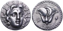 Islands off Caria, Rhodos AR Tetradrachm. Circa 205-190 BC. Ainetor, magistrate. Radiate head of Helios facing three-quarters right / Rose with bud to right, butterfly to left; AINHTOP above, P-O belo