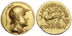 Baktria, Greco-Baktrian Kingdom. Eukratides I AV Stater. Circa 170-145 BC. Diademed and draped bust right, wearing crested helmet adorned with bull’s horn and ear; all within pelleted border / BASILEW