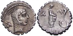L Roscius Fabatus AR Serrate Denarius. Rome, 64 BC. Bust of Juno Sospita in goat skin; symbol behind; L•ROSCI below / Female figure standing right feeding serpent before; symbol behind; FABATI in exer