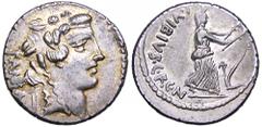 C.Vibius C. f. C. n. Pansa Caetronianius AR Denarius. Rome, 48 BC. Young bust of Bacchus right, wearing ivy wreath; PANSA behind / Ceres-Demeter walking right, carrying torches; plough before; C•VIBIV