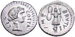 M. Junius (Q. Caepio) Brutus AR Denarius. Military mint travelling with Brutus and Cassius in Western Asia Minor or Northern Greece, 43-42 BC. Laureate bust of Apollo right; COSTA LEG around / Trophy 