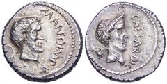 Mark Antony and Julius Caesar AR Denarius. Military mint travelling with Antony in Cisalpine Gaul, November 43 BC. Bare head of Mark Antony right; lituus behind; M•ANTON•IMP•R•P•C before / Wreathed he