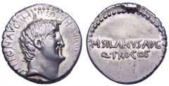 Mark Antony and M. Junius Silanus AR Denarius. Mint moving with Antony, probably Athens, 33 BC. Bare head of Mark Antony right; ANTON •AVG•IMP•III•COS•DES•III•IIV•R•P•C• around / M•SILANVS•AVG Q•PRO•C
