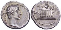 Augustus AR Denarius. Uncertain mint in the northern Peloponnnesos, 21 BC. AVGVSTVS, bare head of Augustus right / Hexastyle temple of Zeus at Olympia, seen from front, round shield in pediment and pa