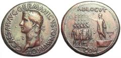 Caligula Æ Sestertius. Rome, 37-38 AD. C CAESAR AVG GERMANICVS PON M TR POT, laureate bust left / ADLOCVT, Caligula standing left atop platform, addressing a formation of Paetorian Guardsmen, each in 