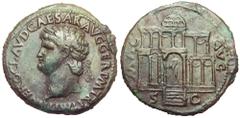 Nero Æ Dupondius. Lugdunum, 65 AD. NERO CLAVD CAESAR AVG GER PM TRP IMP P P, laureate bust left / MAC AVG, facade of the Macellum Magnum, its domed central section flanked by two-storied wings of uneq