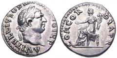 Vitellius AR Denarius. Rome, 69 AD. A VITELLIVS GERMAN IMP TR P, laureate bust right / CONCORDIA P R, Concordia seated left with patera and cornucopiae. RIC 73; BMC 7; RSC 20. 3.54g, 18mm, 7h. Good Ve
