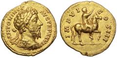 Marcus Aurelius AV Aureus. Rome, 172-173 AD. M ANTONINVS AVG TR P XXVII, laureate, draped and cuirassed bust right / IMP VI COS III, Marcus Aurelius on horseback right, raising right hand and holding 