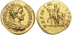 Commodus AV Aureus. Rome, 178 AD. L AVREL COMMODVS AVG, laureate, draped, and cuirassed bust right / TR P III IMP II COS P P, Castor standing left, holding spear and horse by its bridle. RIC 648 (M. A