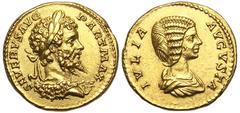 Septimius Severus & Julia Domna AV Aureus. Rome, 200-201 AD. SEVERVS AVG PART MAX, laureate bust right, lion’s skin over both shoulders / IVLIA AVGVSTA, draped bust of Julia Domna right. RIC 161b; Coh