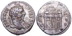Septimius Severus AR Denarius. Rome, 202-210 AD. SEVERVS PIVS AVG, laureate bust right / COS III P P, Triumphal Arch of Septimius of four columns and three arches, surmounted by quadriga between two e
