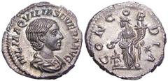 Aquilia Severa AR Denarius. Rome, 221 AD. IVLIA AQVILIA SEVERA AVG, draped bust right / CONCORDIA, Concordia standing half-left sacrificing from patera over lighted altar, holding double cornucopia, *