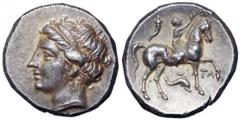 Calabria, Tarentum AR Nomos. Campano-Tarentine issue. Circa 281-228 BC. Diademed head of the nymph Satyra left wearing triple-drop earring / Nude youth on horseback right, crowning horse with raised l
