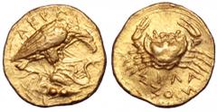 Akragas AV ‘Diobol’. Emergency issue, circa 406 BC. Eagle with closed wings perching on rock to right, tearing at serpent; on rock, two pellets / Crab, SILANOS below. Dewing 569-571 var. (eagle left);
