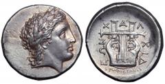 Macedon, Chalkidian League AR Tetradrachm. Olynthos, circa 355-352 BC. Ariston, magistrate. Laureate head of Apollo right / ΧΑΛΚΙΔΕΩΝ around Lyre with six strings; ΕΠΙ ΑΡΙΣΤΩΝΟΣ below. Gulbenkian 422;