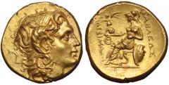 Kings of Thrace. Lysimachos AV Stater. Uncertain mint, circa 305-281 BC. Head of the deified Alexander the Great right, wearing diadem and horn of Ammon / Athena Nikephoros enthroned left, shield rest