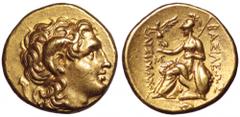 Kings of Thrace. Lysimachos AV Stater. Uncertain mint, circa 305-281 BC. Head of the deified Alexander the Great right, wearing diadem and horn of Ammon / Athena Nikephoros enthroned left, shield rest