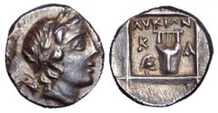 Lycia, Kadyanda as a member of the Lycian League AR Drachm. 167-81 BC. Laureate head of Apollo right, bow and quiver over shoulder / City initials K-A on either side of a kithara, ΛVKIΩΝ above, helmet