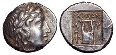 Lycia, Myra as a member of the Lycian League AR Drachm. 167-81 BC. Laureate head of Apollo right, bow and quiver over shoulder / City initials M-Y on either side of a kithara, ΛVKIΩΝ above, winged cad