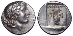 Lycia, Pinara as a member of the Lycian League AR Drachm. Circa 167-81 BC. Laureate head of Apollo right, bow and quiver over shoulder / City initials Π-Ι on either side of kithara, ΛVKIΩΝ above; all 